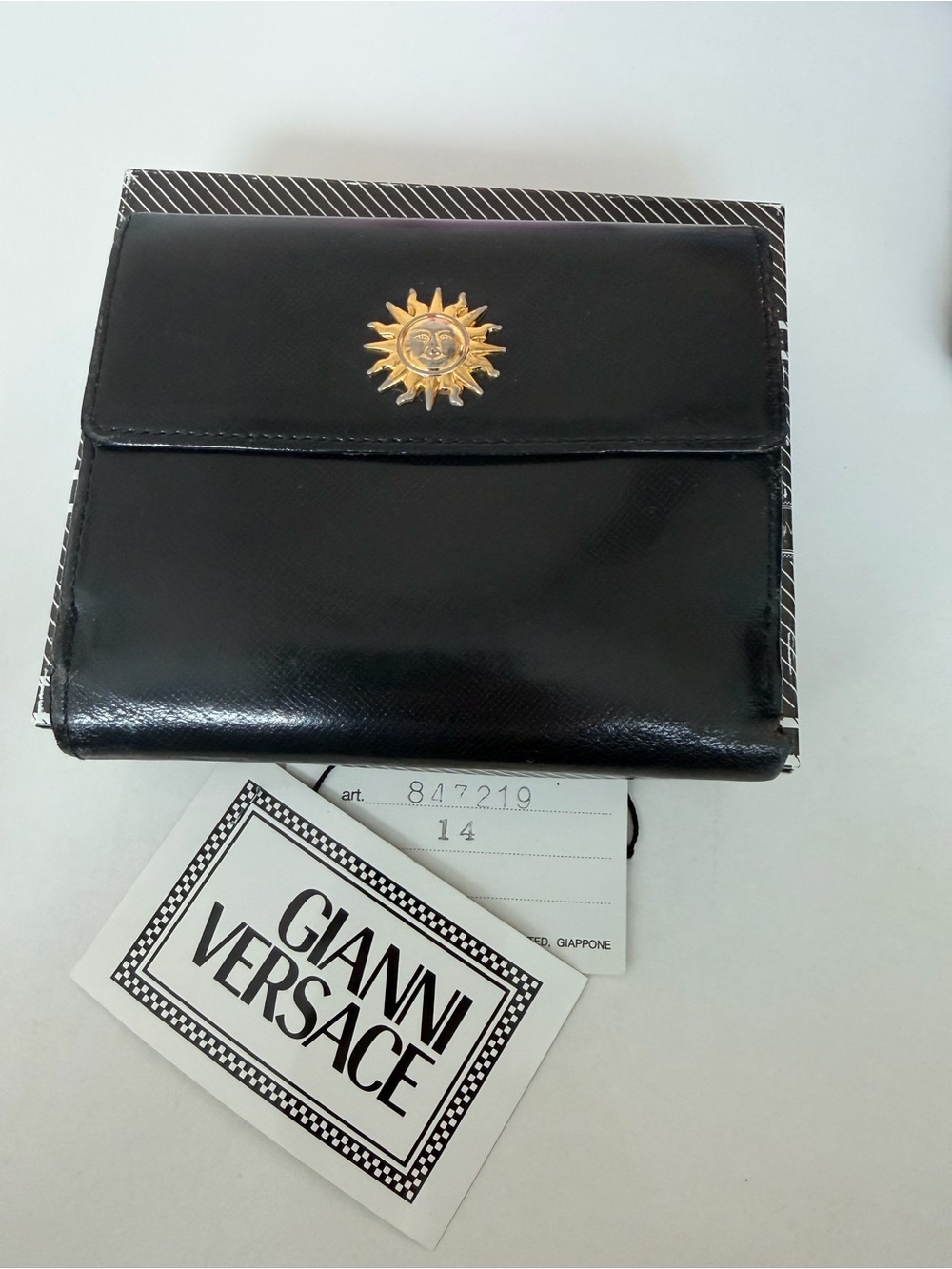 Authentic Vintage Gianni Versace Black Patent Leather Wallet w/Gold Medusa Sun
